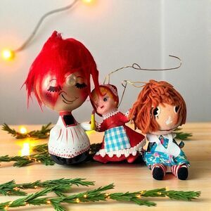 Vintage Raggedy Ann Red Hair Doll Ornament Set – Retro Christmas Décor